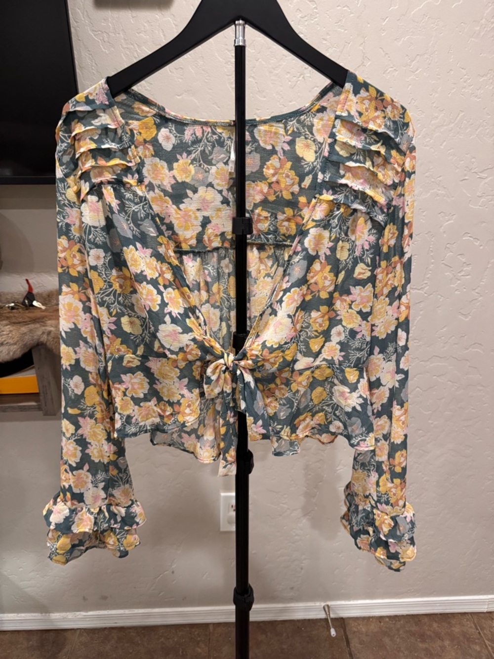 Free People Floral Tie-Front Ruffle Mabel Blouse XS but Oversized
